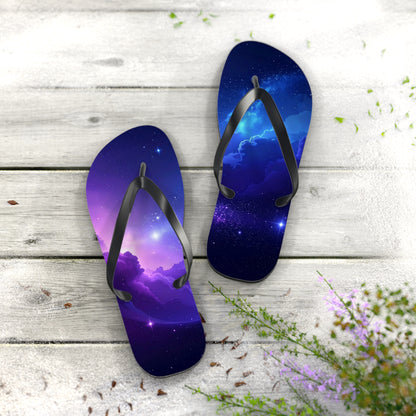Galaxy Print Flip Flops | Cosmic Summer Sandals | Space-Themed Beach Footwear | Trendy Vacation Slides | Celestial Gift for Him or Her
