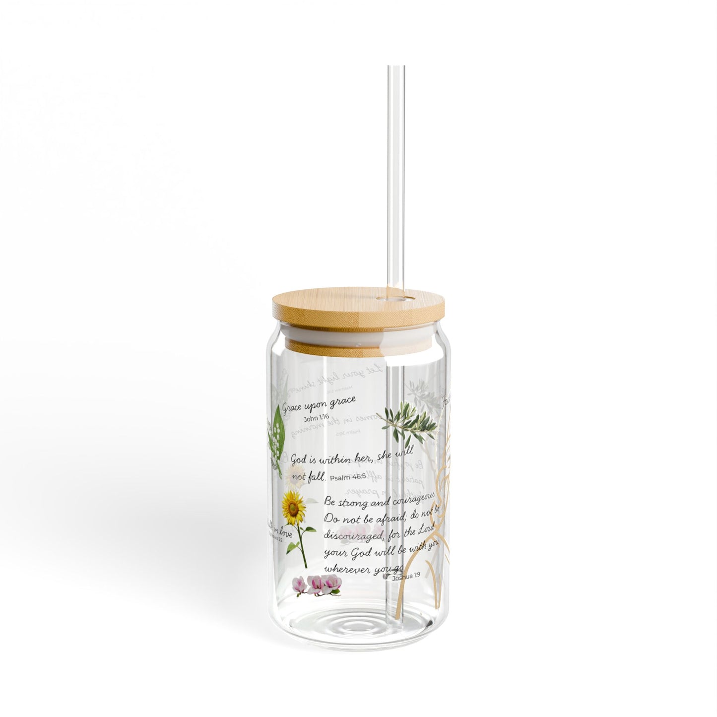Faith-Inspired Floral Sipper Glass, 16oz – Elegant Christian Drinkware, Eco-Friendly Glass Cup with Bamboo Lid & Straw