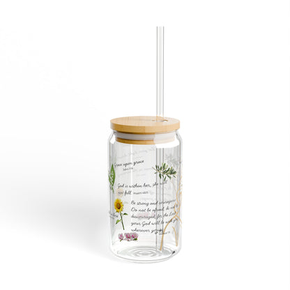 Faith-Inspired Floral Sipper Glass, 16oz – Elegant Christian Drinkware, Eco-Friendly Glass Cup with Bamboo Lid & Straw