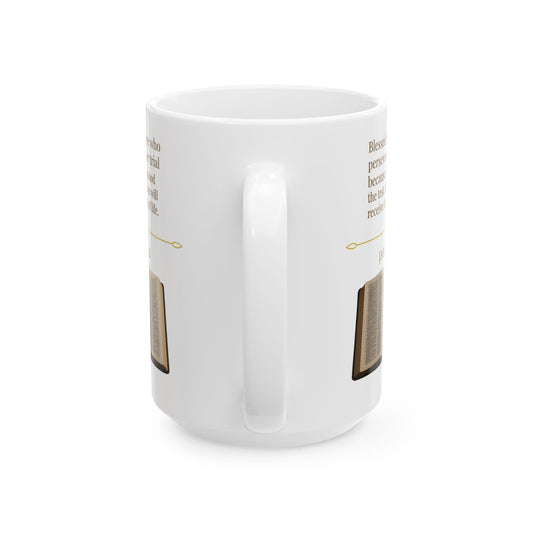 James 1:12 Ceramic Mug – Faith Inspirational Coffee Cup, Bible Verse Home Décor Gift for Him or Her