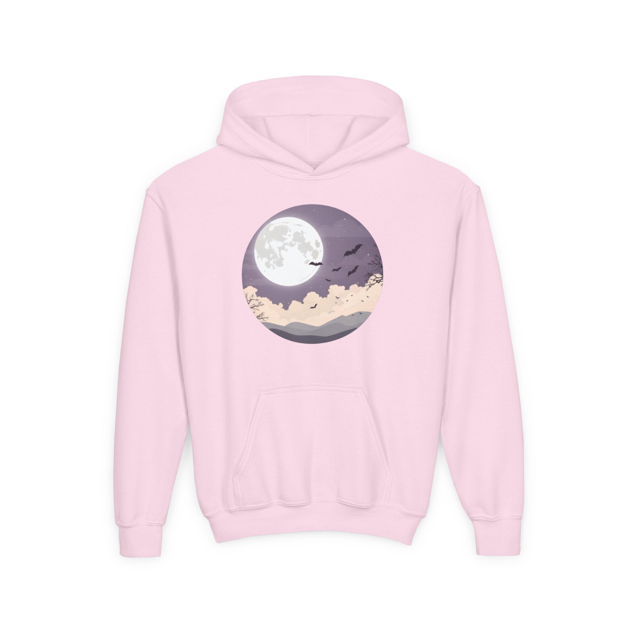 Moonlit Night Youth Hoodie – Cozy Kids Hooded Sweatshirt, Halloween Moon Graphic Hoodie, Fall & Winter Outfit for Boys and Girls