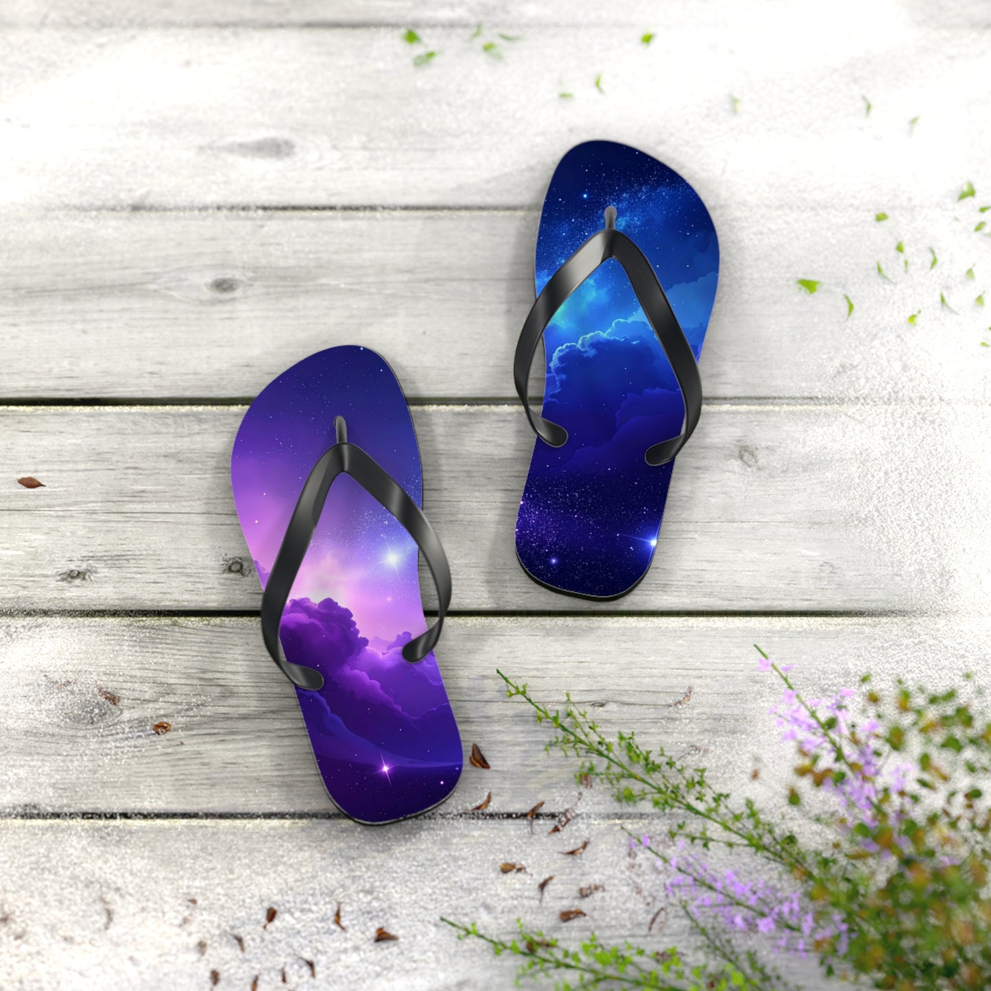 Galaxy Print Flip Flops | Cosmic Summer Sandals | Space-Themed Beach Footwear | Trendy Vacation Slides | Celestial Gift for Him or Her