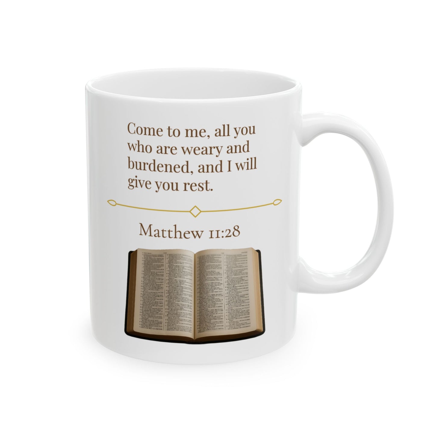 Matthew 11:28 Ceramic Mug – Faith Quote Cup, Inspirational Christian Gift, Encouraging Bible Verse Drinkware