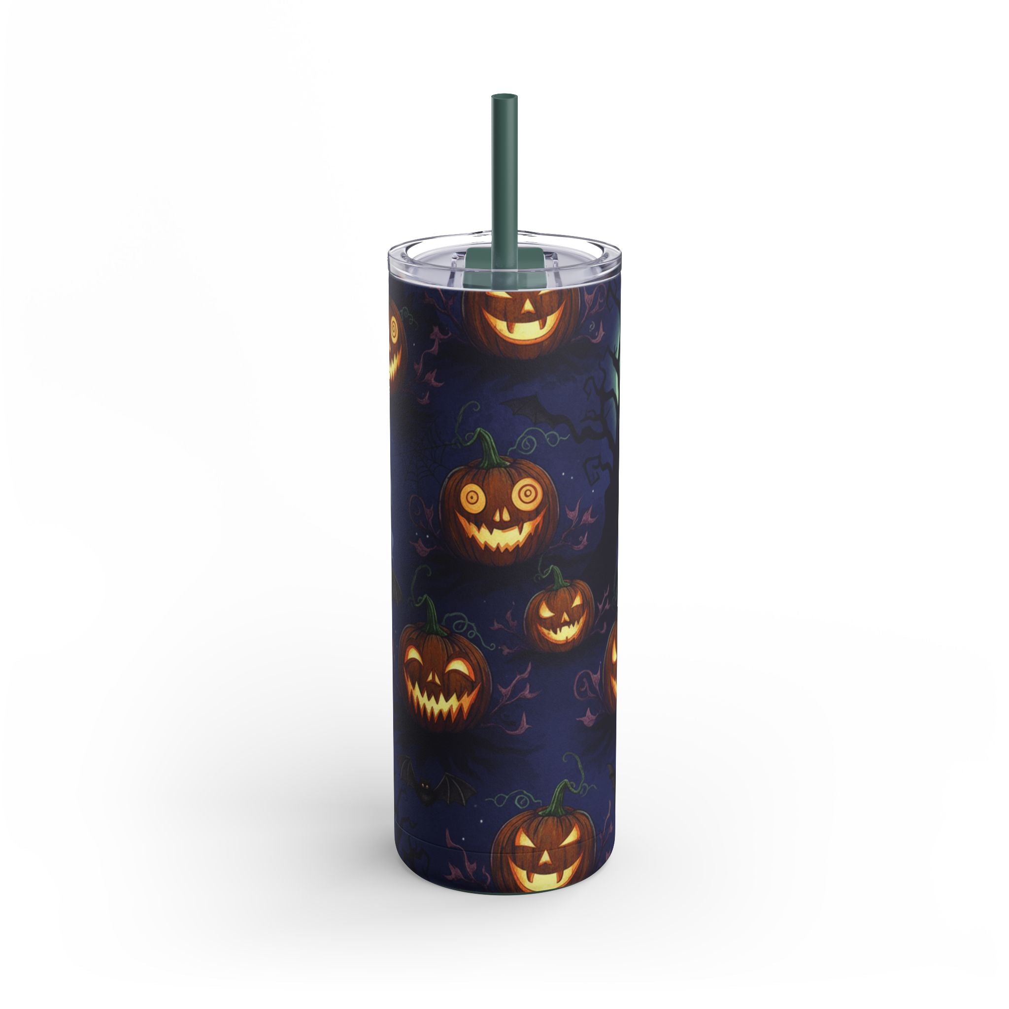 Halloween Pumpkin Skinny Tumbler – 20oz Spooky Stainless Steel Cup with Straw