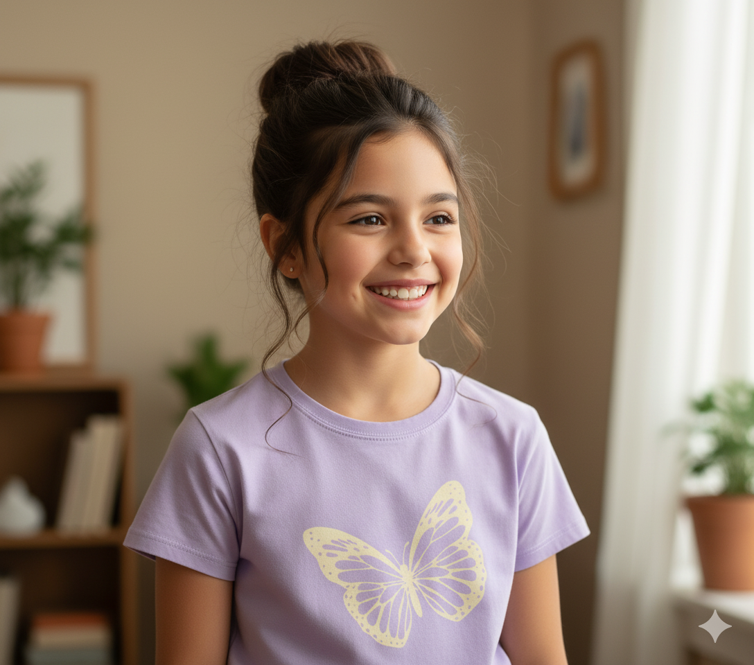 Girl’s Cotton Crew Neck T-Shirt – Lavender Butterfly