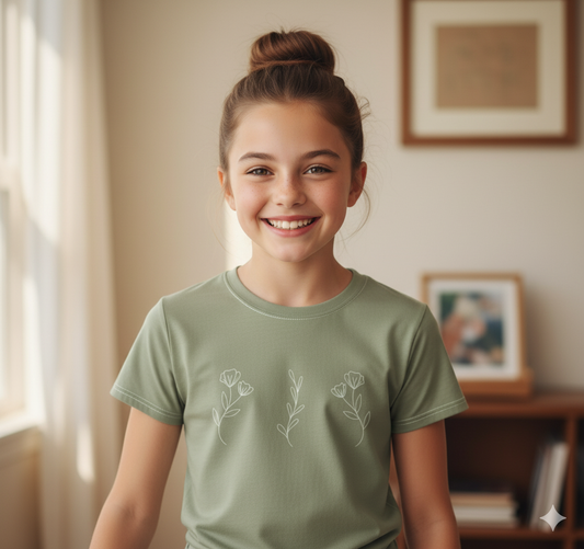 Girl's Cotton Crew Neck T-Shirt – Olive - Flower Design