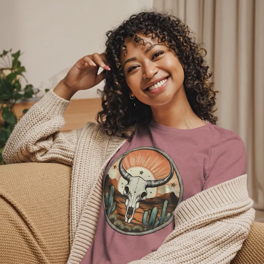 Steer Skull Sunset Women’s Western T-Shirt | Vintage Cowgirl Graphic Tee | Bruntee Western Apparel