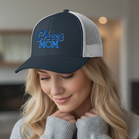 Cheer Mom Trucker Hat – Blue & White Mesh Baseball Cap, Cheer Team Mom Gift, Spirit Wear for Comp Days
