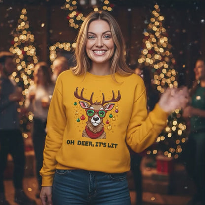 Bruntee Oh Deer, It’s Lit Christmas Sweatshirt – Funny Holiday Crewneck, Cozy Winter Gift, Festive Reindeer Sweater for Men & Women