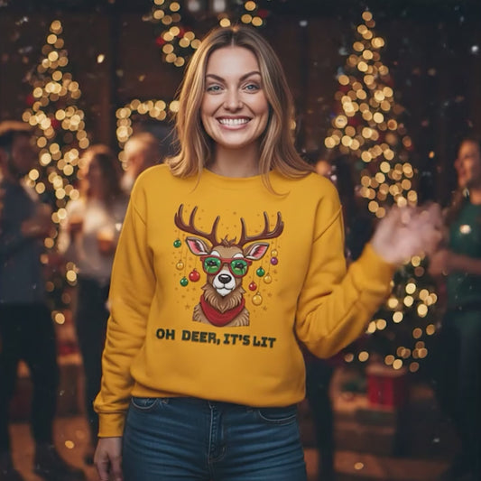Bruntee Oh Deer, It’s Lit Christmas Sweatshirt – Funny Holiday Crewneck, Cozy Winter Gift, Festive Reindeer Sweater for Men & Women